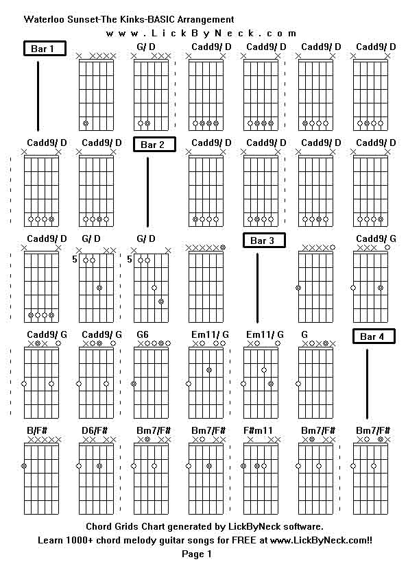 Chord Grids Chart of chord melody fingerstyle guitar song-Waterloo Sunset-The Kinks-BASIC Arrangement,generated by LickByNeck software.